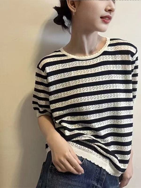 유럽 역 2026 여름 새로운 유럽 상품 슬림해 보이는 샘플 색상 유럽 상품 자수 홀로우 아웃 루즈핏 반팔 아마 니트 스웨터 여성 상세 이미지 3