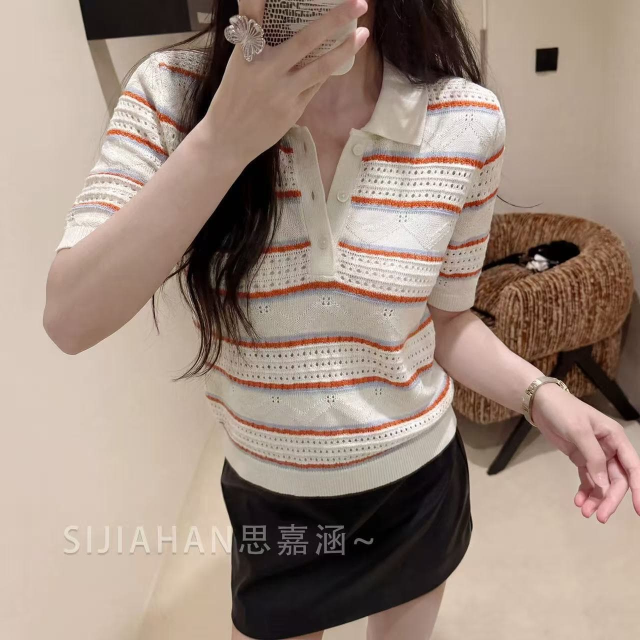 생각하기 지아 한 자이언트 잘 생긴 스트라이프 POLO 칼라 니트 반팔 티셔츠 여성 2026 여름 화이트 얼음 실크 캐주얼 맨위 상세 이미지 2