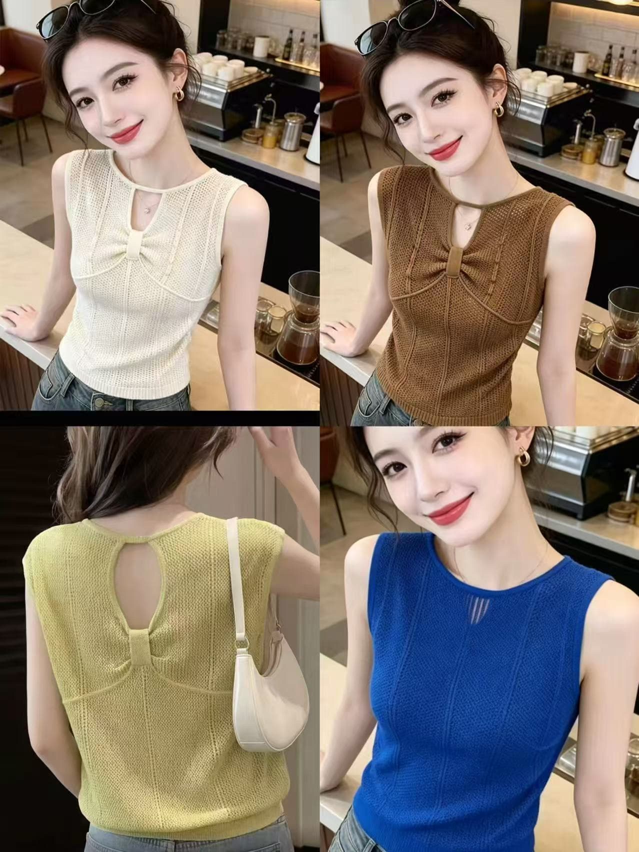 유럽 상품 작은 대중 Chic 겨자 황색 라운드 넥 얼음 실크 니트 작은 날다 소매 티셔츠 여성 여름 자이언트 잘 생긴 백리스 맨위 상세 이미지 1