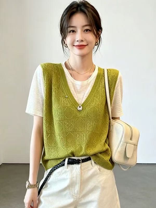 페이크 레이어드 홀로우 아웃 니트 스웨터 여성 2026 여름 섹션 한국 스타일 패션 반팔 패치워크 루즈핏 다용도 얇은 스타일 맨위