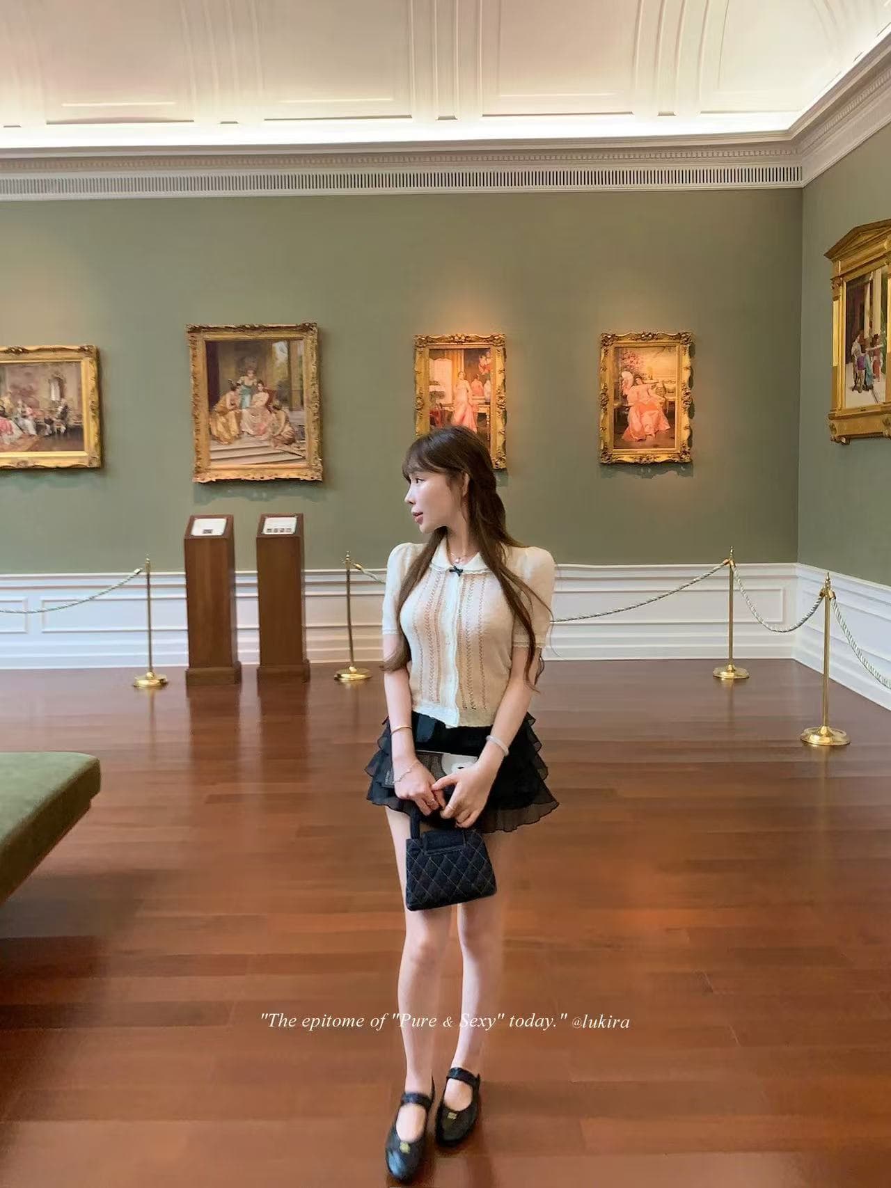 lukira 乖離 카드 살구 색상 베이비 칼라 버블 반팔 니트 티셔츠 작은 셔츠 여성 여름 몸매 가꾸기 맨위 이미지 4