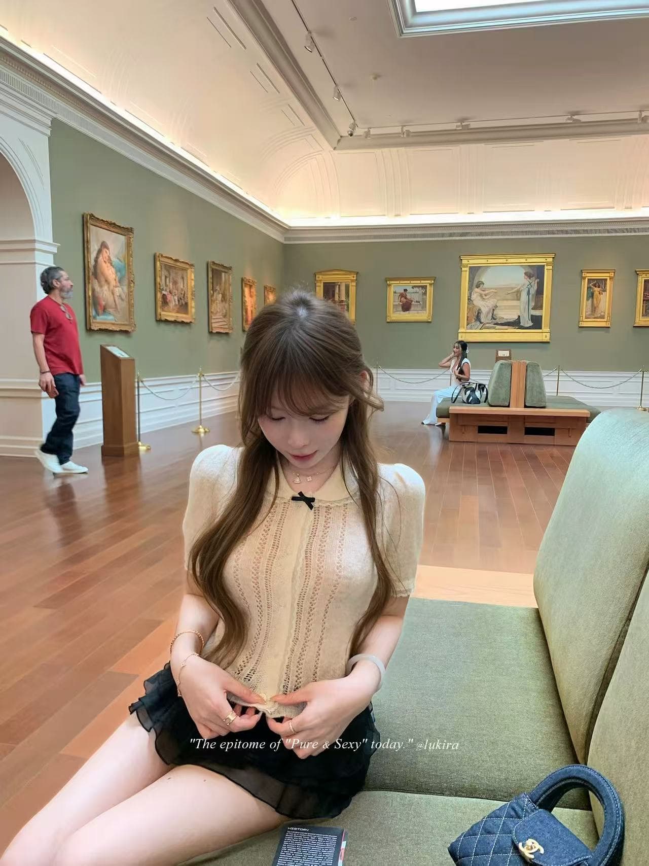 lukira 乖離 카드 살구 색상 베이비 칼라 버블 반팔 니트 티셔츠 작은 셔츠 여성 여름 몸매 가꾸기 맨위 상세 이미지 5