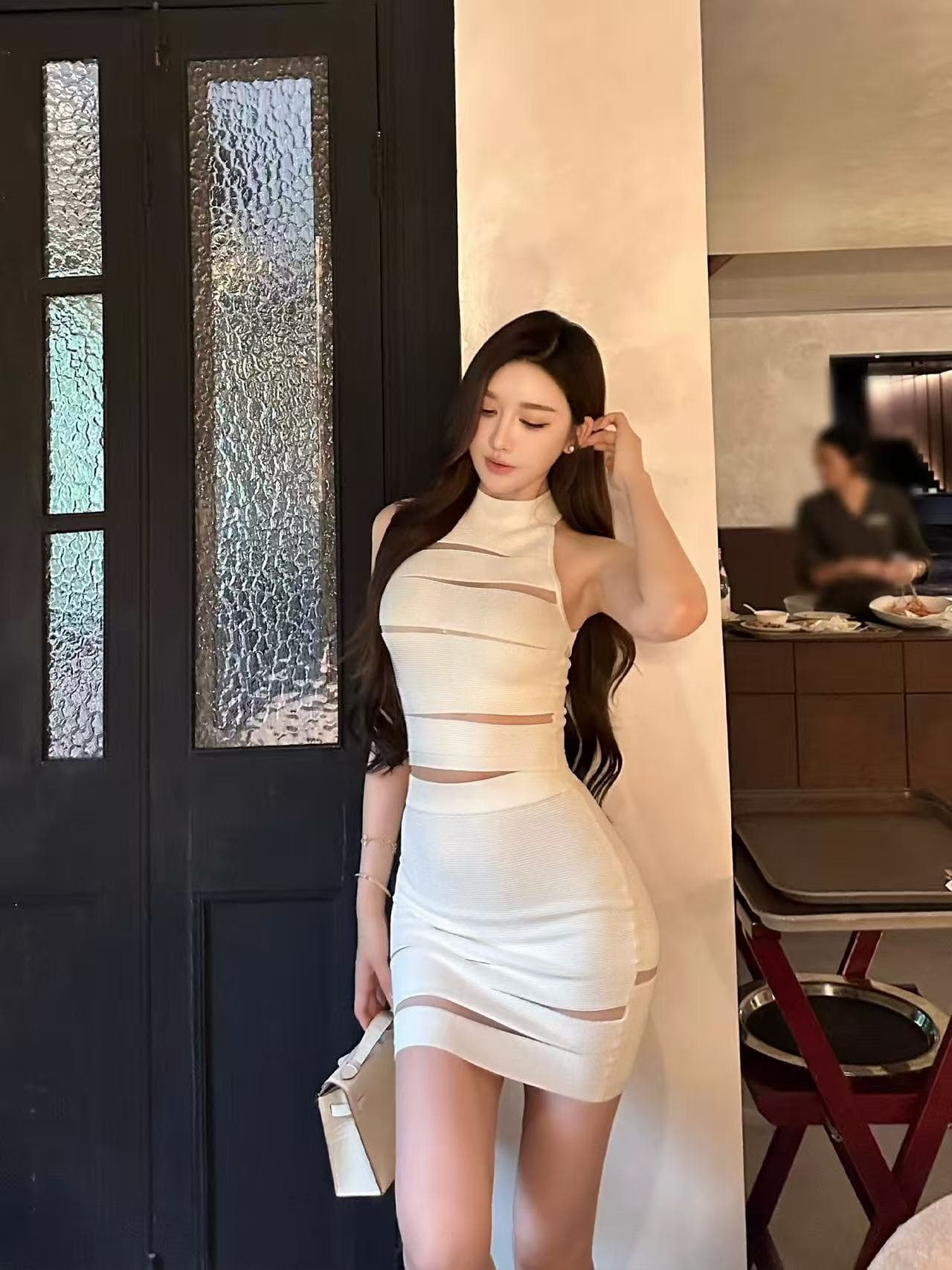 sx 좋은 안녕하세요. 니트 홀로우 아웃 민소매 행침 목 터틀넥 조끼 여성 하이웨이스트 몸매 가꾸기 타이트 스커트 미니 스커트 섹시함 품격 세트 이미지 3