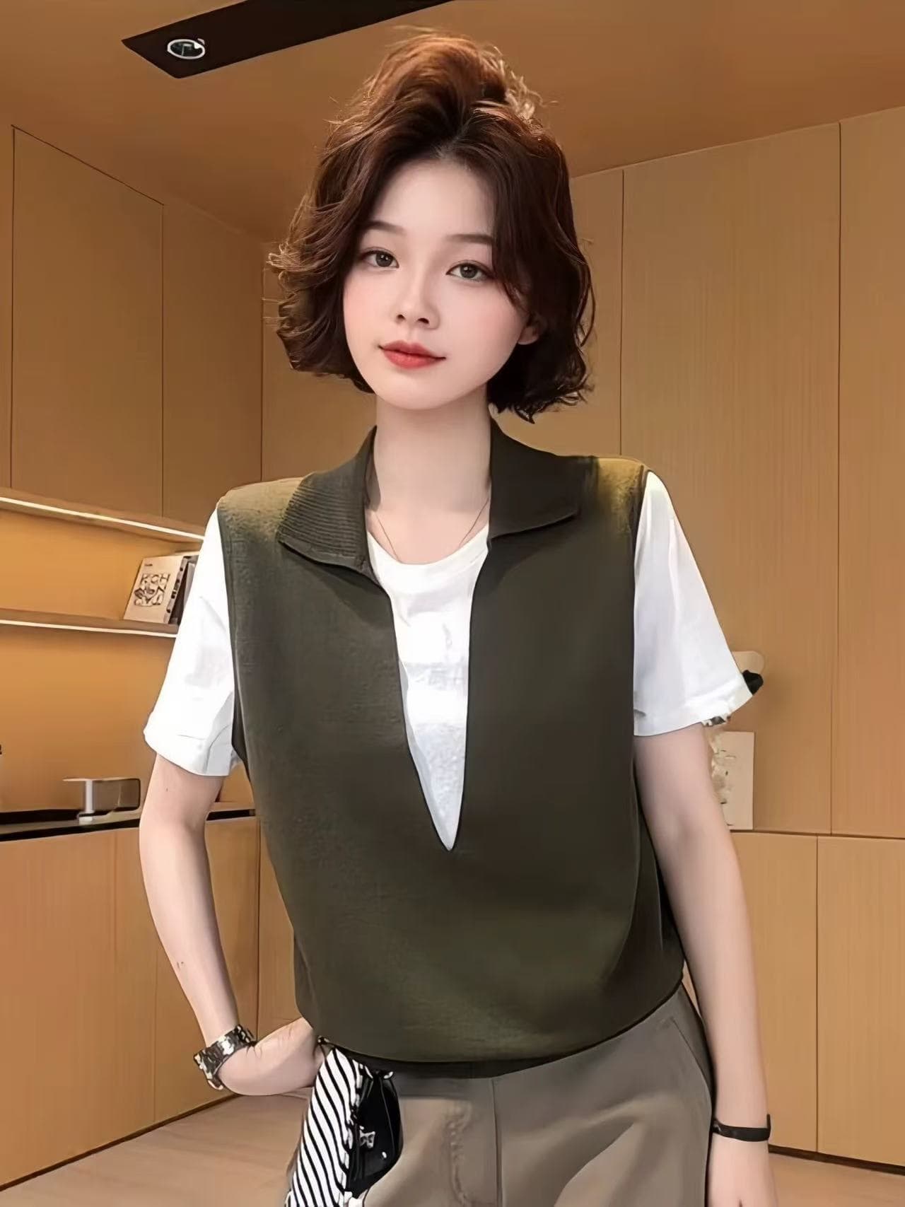 POLO 칼라 패치워크 페이크 레이어드 반팔 티셔츠 2026 여름 빅 사이즈 지방 mm 다용도 슬림해 보이는 루즈핏 여성 맨위 이미지 4