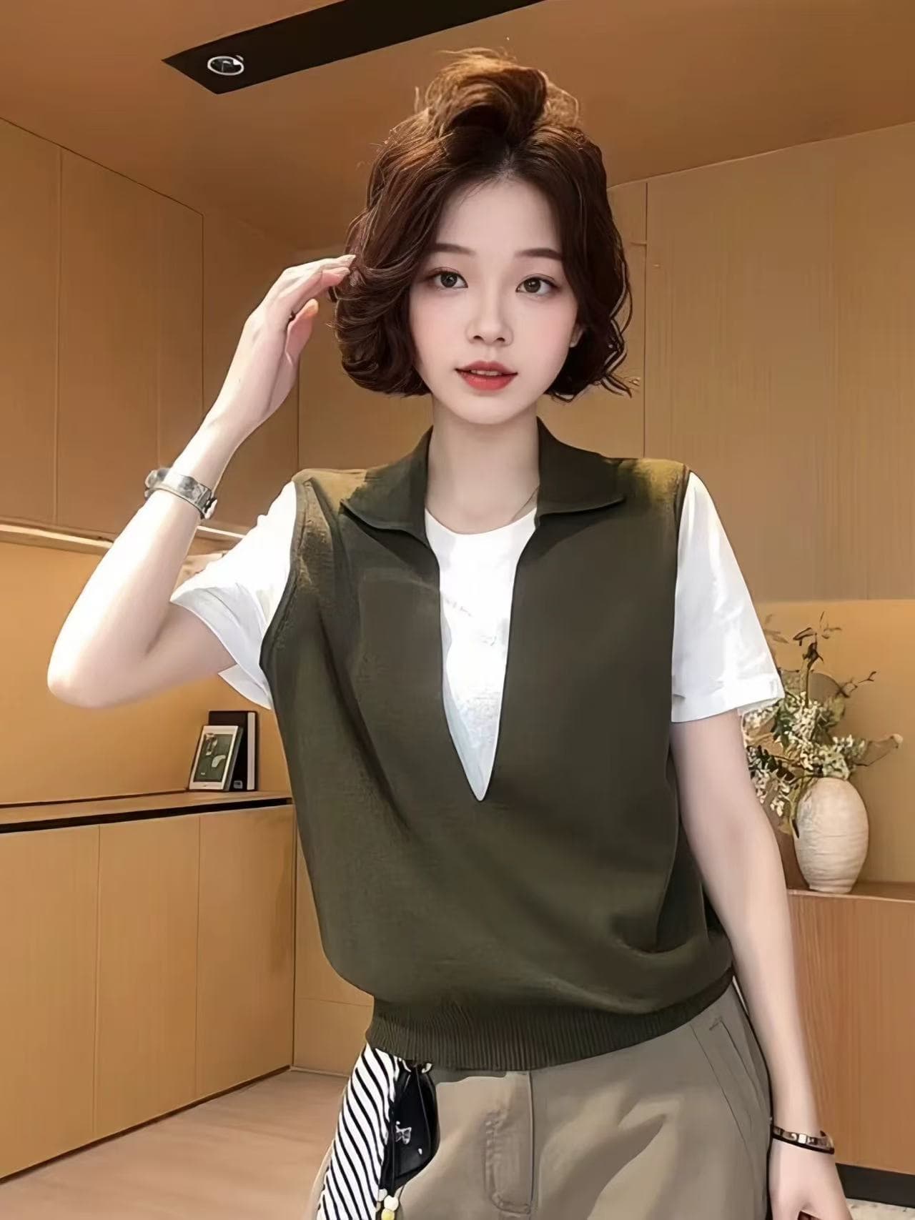 POLO 칼라 패치워크 페이크 레이어드 반팔 티셔츠 2026 여름 빅 사이즈 지방 mm 다용도 슬림해 보이는 루즈핏 여성 맨위 상세 이미지 1