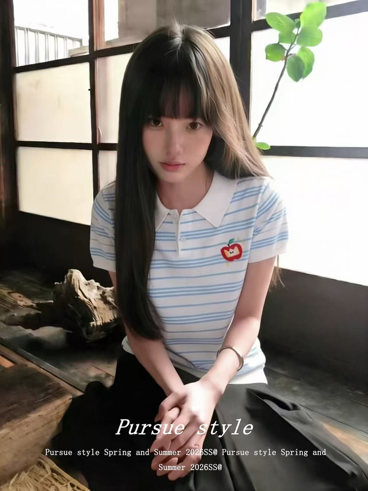 휴가 편지 블루 화이트 스트라이프 POLO 셔츠 여성 여름 긍정적 인 어깨 니트 반팔 한 부서 학원 스타일 맨위 트렌디 이미지 3