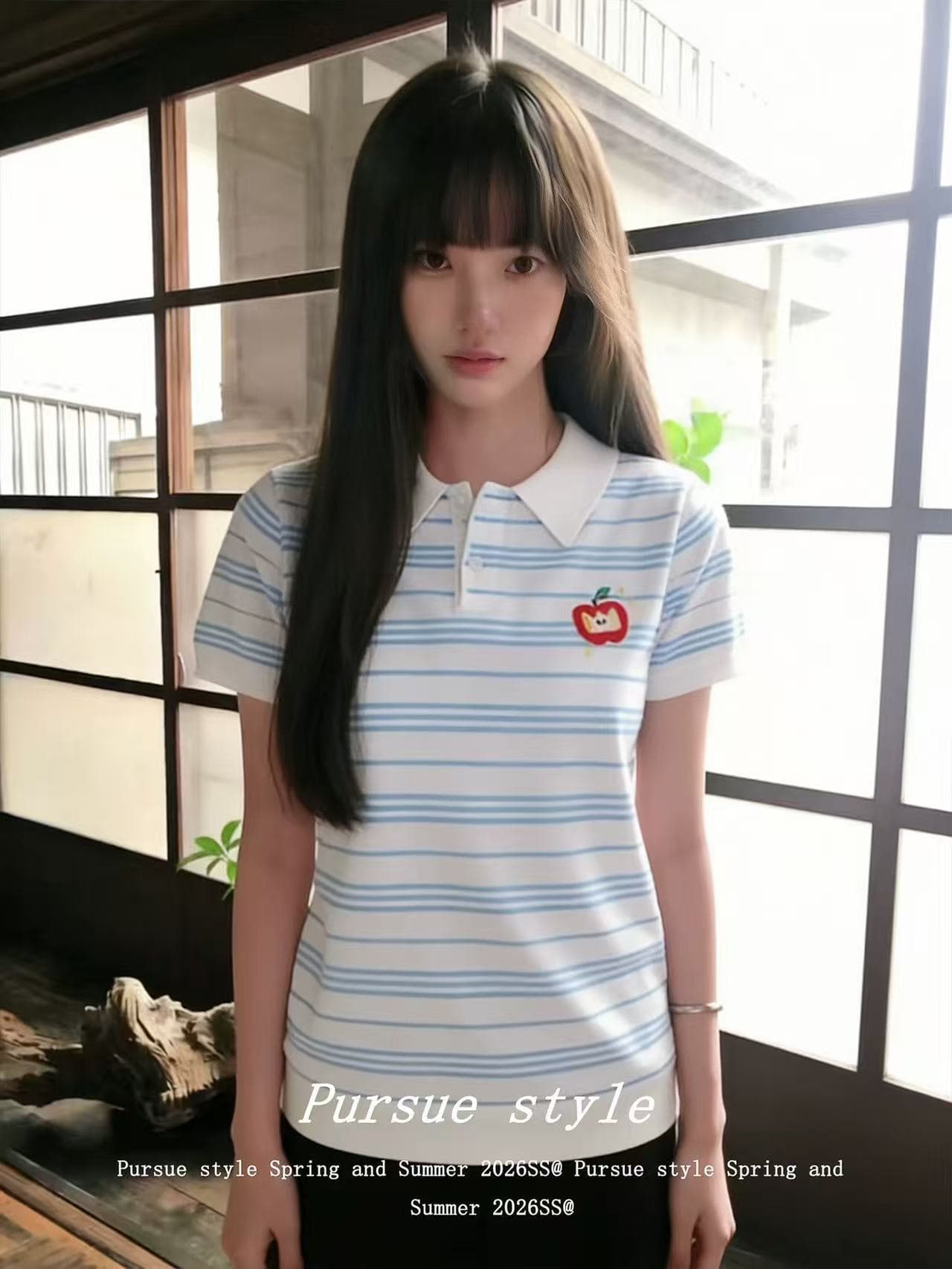 휴가 편지 블루 화이트 스트라이프 POLO 셔츠 여성 여름 긍정적 인 어깨 니트 반팔 한 부서 학원 스타일 맨위 트렌디 상세 이미지 2