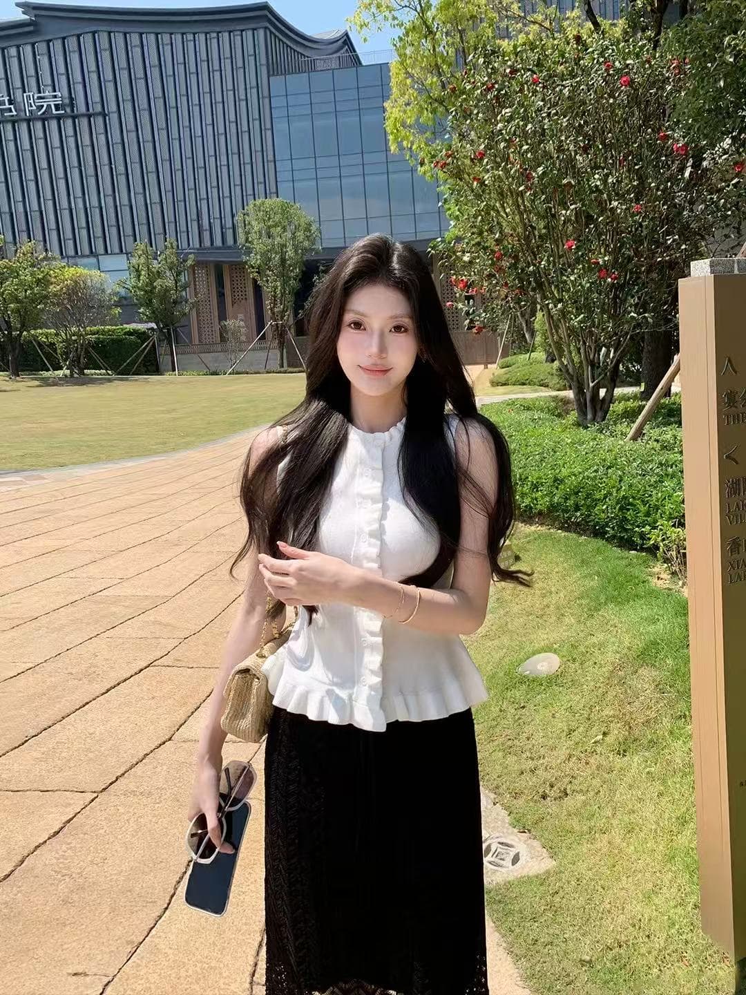 maven lin 동적 미적 감각 우아함 프릴 니트 민소매 조끼 여성 외출용 몸매 가꾸기 긍정적 인 어깨 의류 상세 이미지 5
