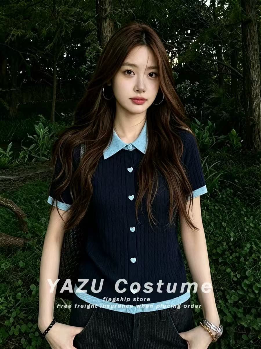 레트로 느긋한 느슨함 센스 패치워크 배색 폴로 칼라 반팔 니트 티셔츠 여름 새로운 슬림해 보이는 다용도 맨위 여성 상세 이미지 4