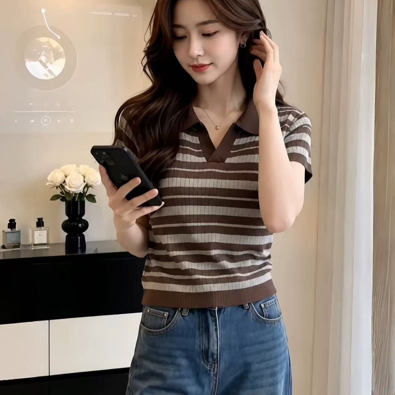 브라운 스트라이프 POLO 칼라 몸매 가꾸기 반팔 티셔츠 여성 2026 여름 디자인 센스 작은 대중 아니요 명중 섹션 긍정적 인 어깨 의류 이미지 5