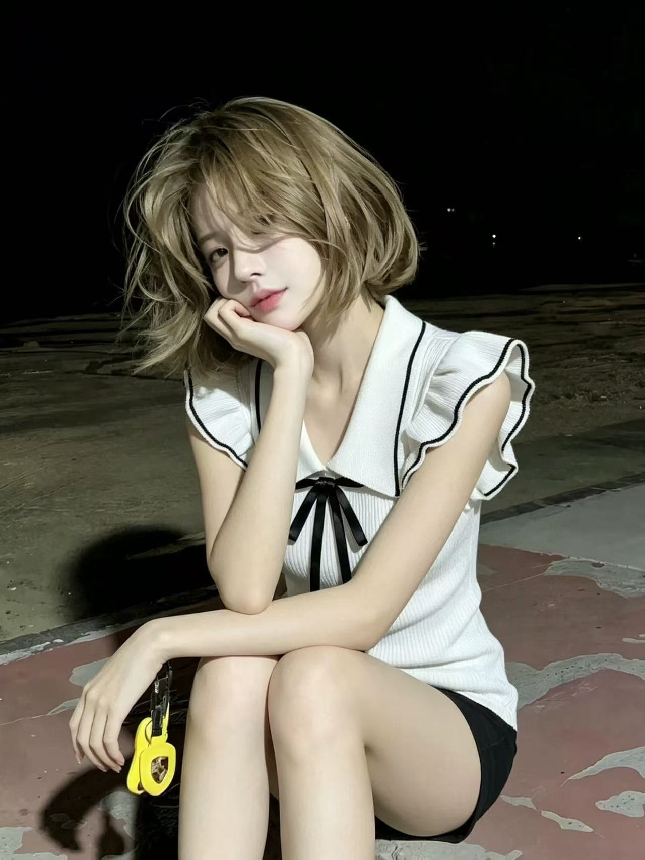 lym studio 작은 날다 소매 폴로 칼라 나비 매듭 니트 스웨터 여성 화이트 연령 감소 몸매 가꾸기 달콤한 자매 맨위 이미지 4
