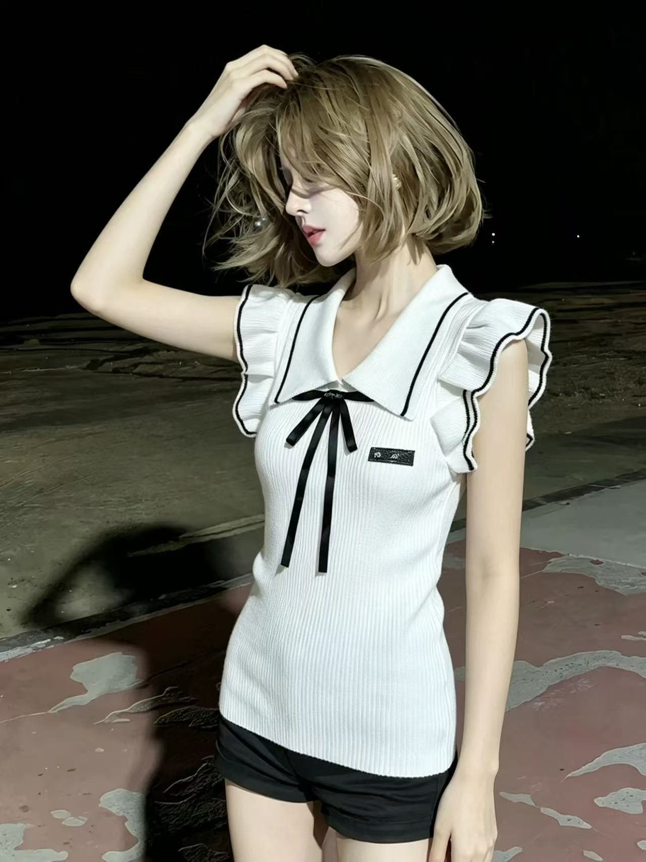 lym studio 작은 날다 소매 폴로 칼라 나비 매듭 니트 스웨터 여성 화이트 연령 감소 몸매 가꾸기 달콤한 자매 맨위 상세 이미지 2