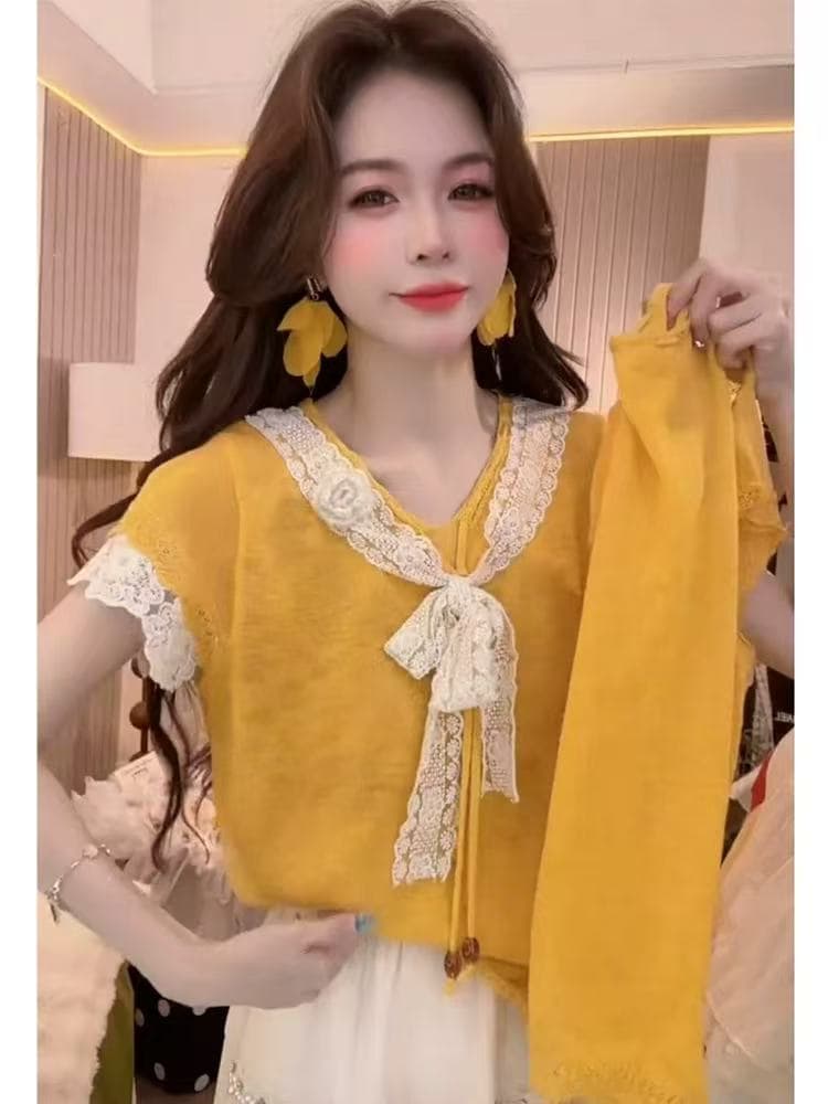 여름 한 부서 부드러운 달콤한 스타일 품격 패치워크 레이스 V넥 나비 매듭 반팔 루즈핏 슬림해 보이는 다용도 맨위