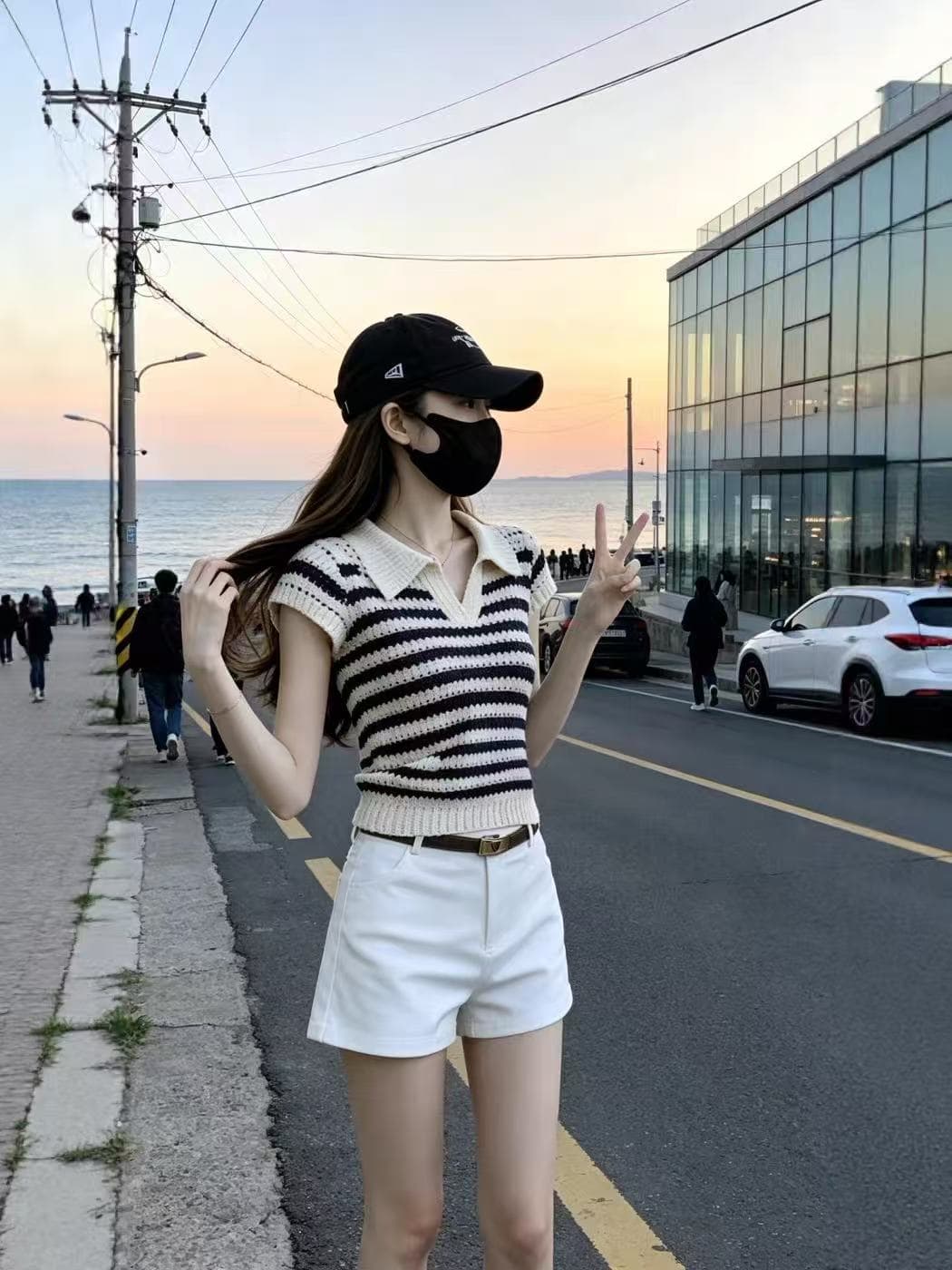 한 부서 배색 스트라이프 POLO 셔츠 니트 스웨터 여성 여름 새로운 레트로 품격 수리 홀로우 아웃 반팔 티셔츠 맨위 이미지 2