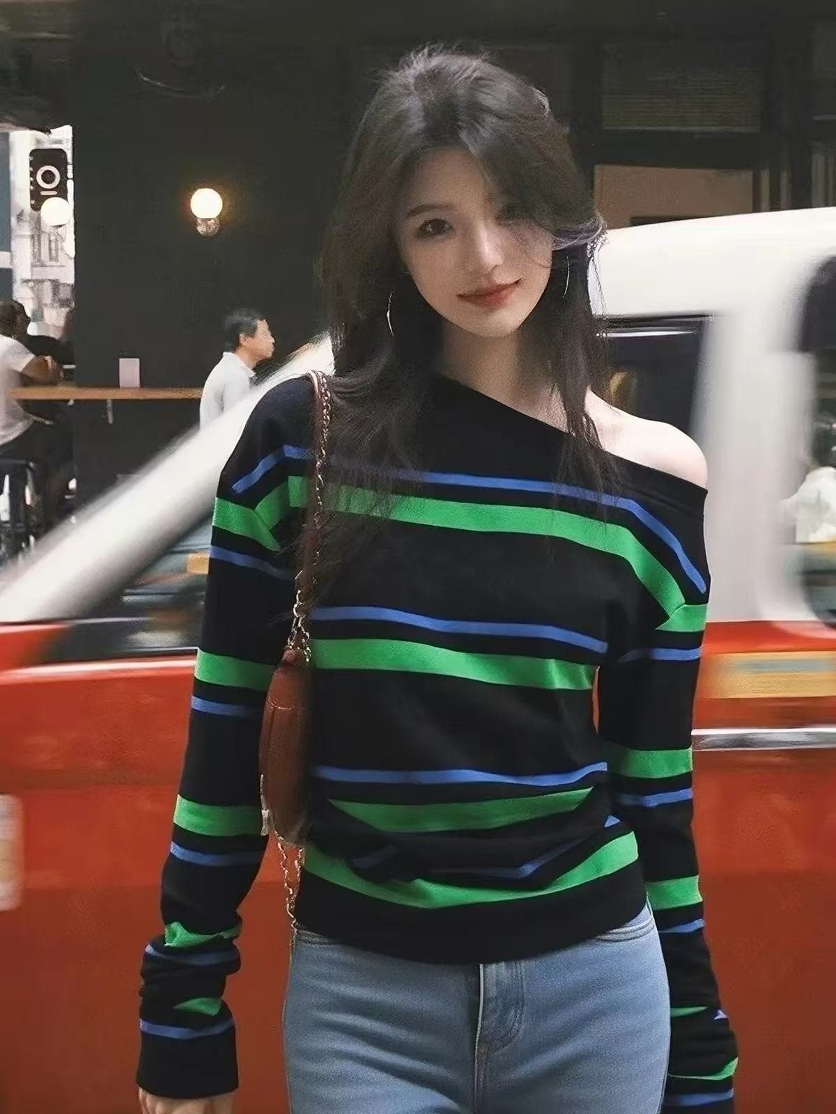 한 부서 비스듬한 어깨 스트라이프 티셔츠 여성 봄 가을 느긋한 바람 느슨함 센스 작은 대중 아니요 명중 섹션 고유 한 슈퍼 잘 생긴 맨위