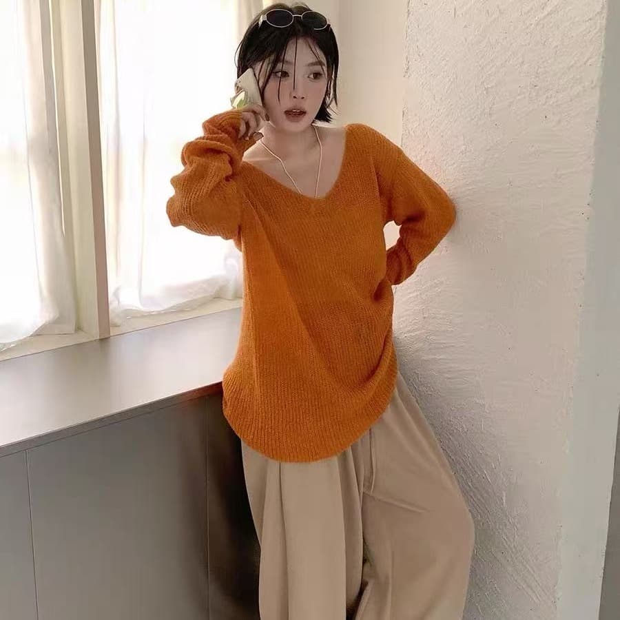 느긋한 바람 주황색 V넥 풀오버 스웨터 여자 가을 겨울 고급 센스 와이드 부드러운 찹쌀 만나는 니트 스웨터 아름다운 맨위 이미지 5