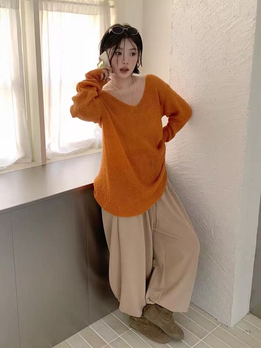 느긋한 바람 주황색 V넥 풀오버 스웨터 여자 가을 겨울 고급 센스 와이드 부드러운 찹쌀 만나는 니트 스웨터 아름다운 맨위 상세 이미지 5