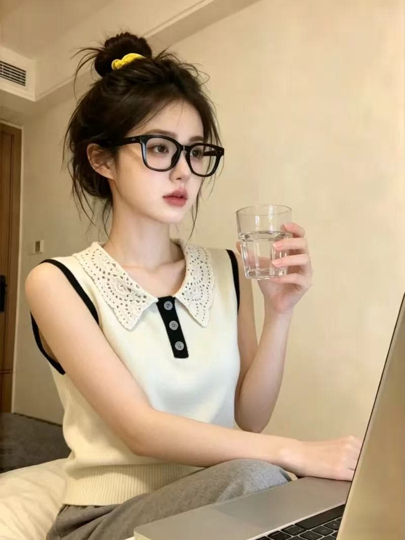 보존 섹션 추천 한 부서 자수 홀로우 아웃 민소매 니트 조끼 여성 여름 새로운 부드러운 바람 다용도 맨위 상세 이미지 5