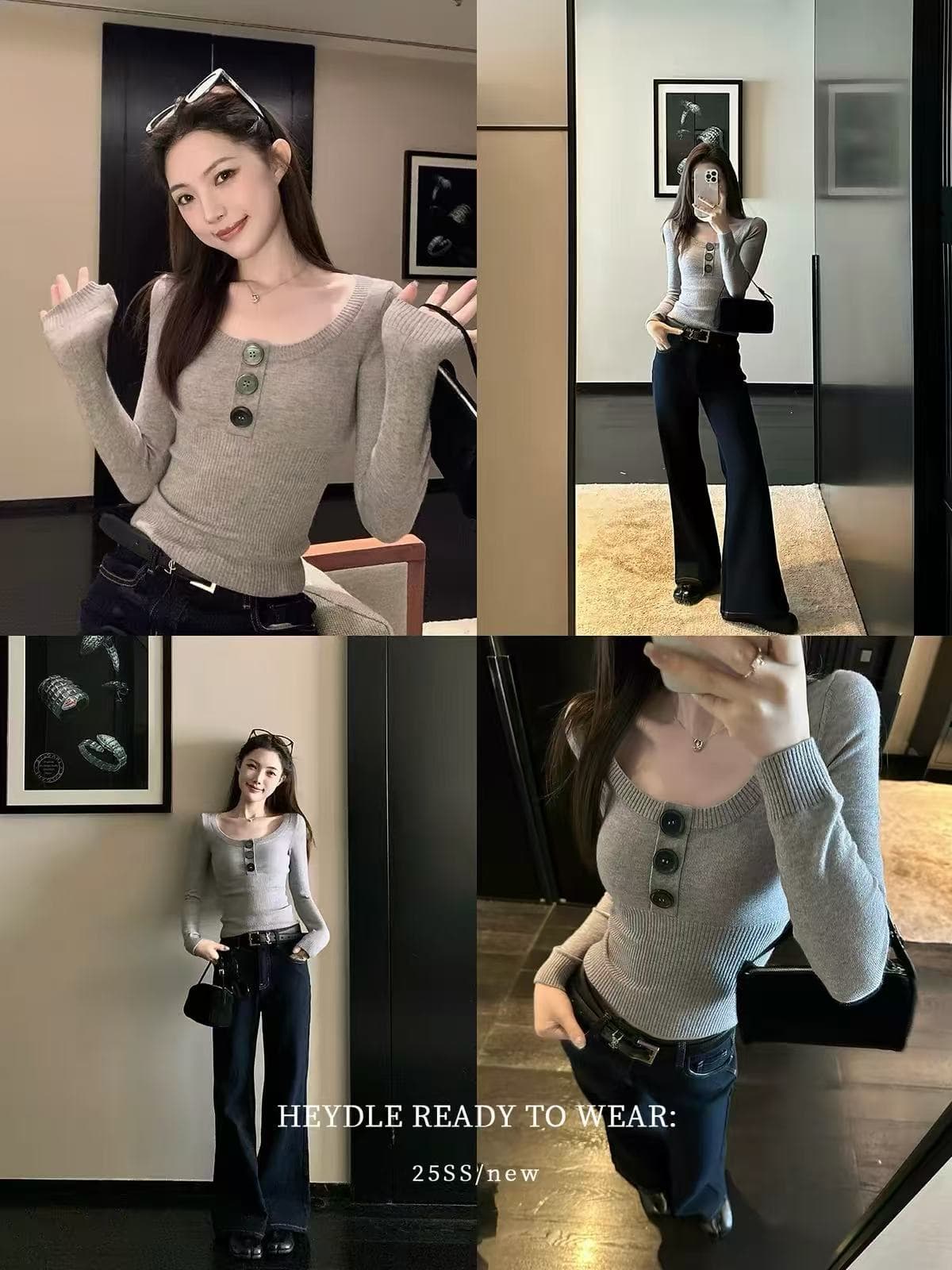 검은 콩 흠 확산 부드러운 단추 디자인 u 칼라 니트 스웨터 쇼트 스타일 몸매 가꾸기 다용도 풀오버 예쁜 스웨터 이미지 3
