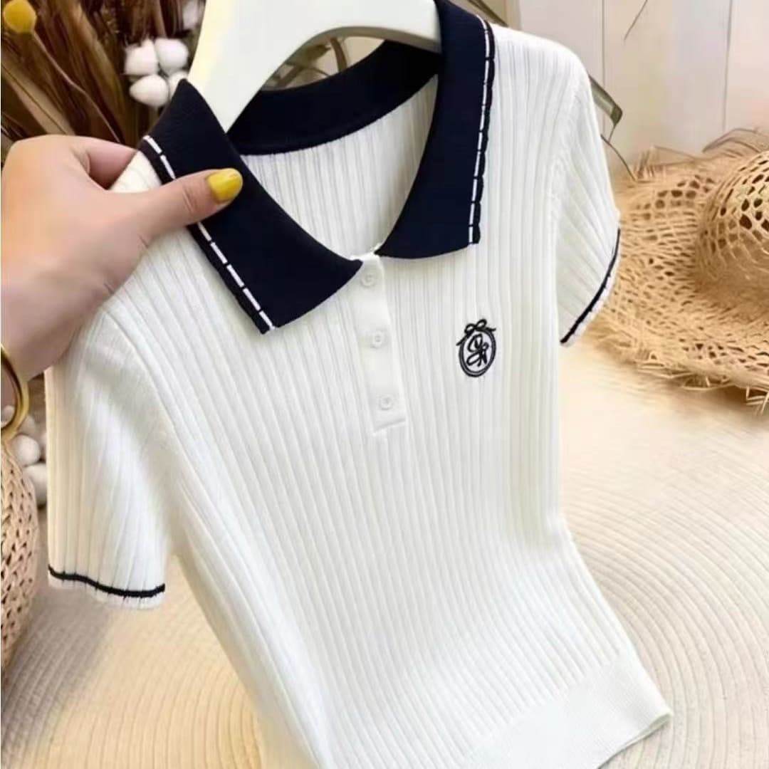 한 부서 학원 스타일 배색 POLO 칼라 니트 스웨터 여성용 짧은 소매 빅 사이즈 슬림해 보이는 다용도 루즈핏 외국 가스 연령 감소 맨위 이미지 5