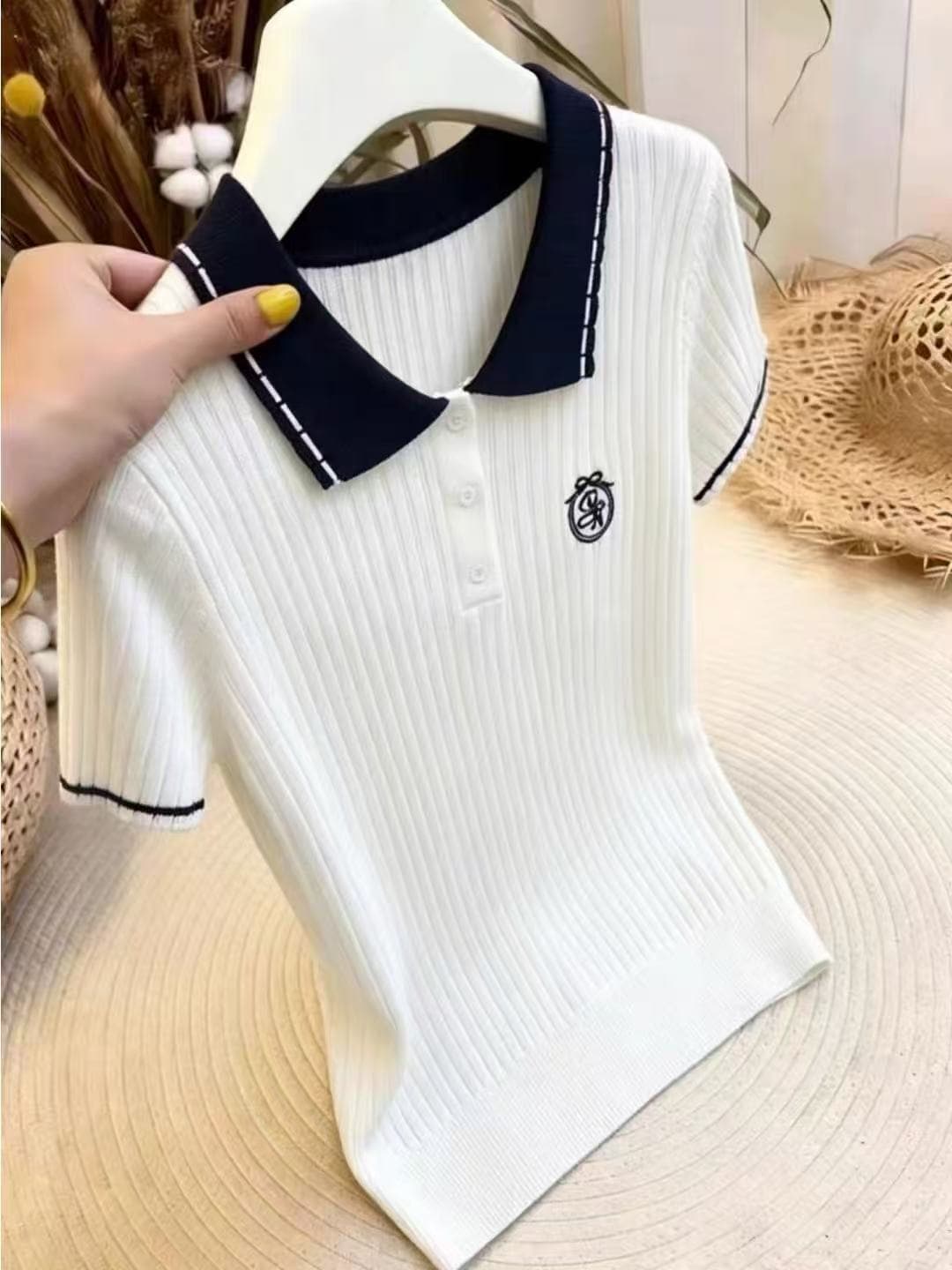한 부서 학원 스타일 배색 POLO 칼라 니트 스웨터 여성용 짧은 소매 빅 사이즈 슬림해 보이는 다용도 루즈핏 외국 가스 연령 감소 맨위 상세 이미지 5