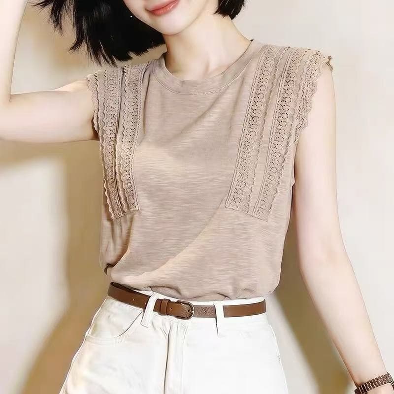 품격 우아함 레이스 레이스 패치워크 민소매 니트 맨위 Chic 슬림해 보이는 디자인 센스 여름 얇은 스타일 조끼 여성 상세 이미지 3