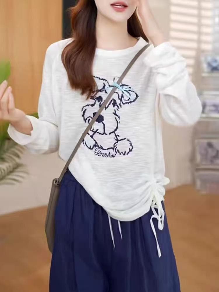 한국 스타일 강아지 프린트 긴팔 아마 얼음 실크 티셔츠 여성 봄 여름 화이트 측면 펌프 로프 루즈핏 니트 블라우스 자외선 차단 상세 이미지 3