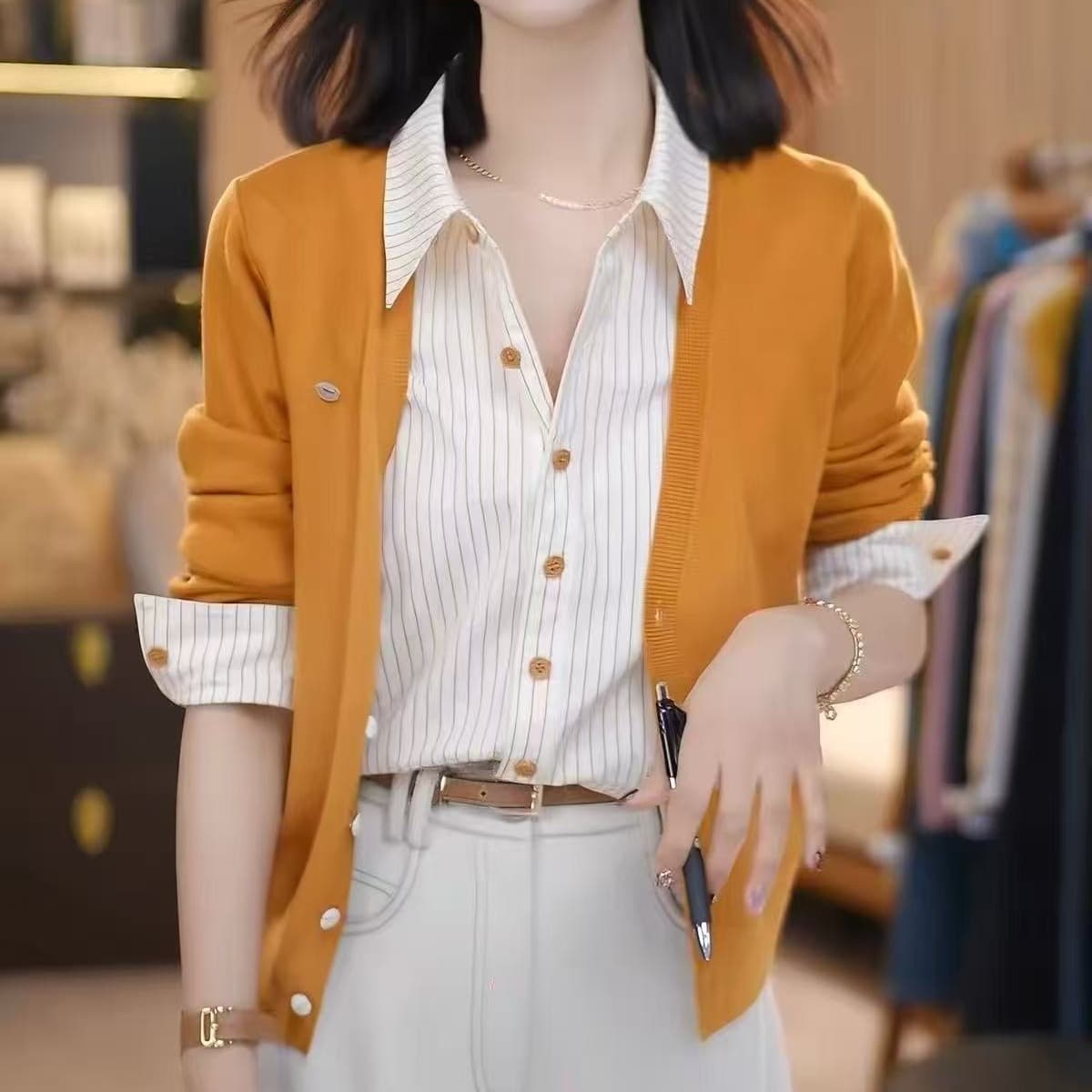 페이크 레이어드 스트라이프 니트 오픈 가디건 여성 봄 가을 겨울 2026 새로운 주황색 POLO 칼라 스웨터 연령 감소 긴팔 맨위 이미지 5