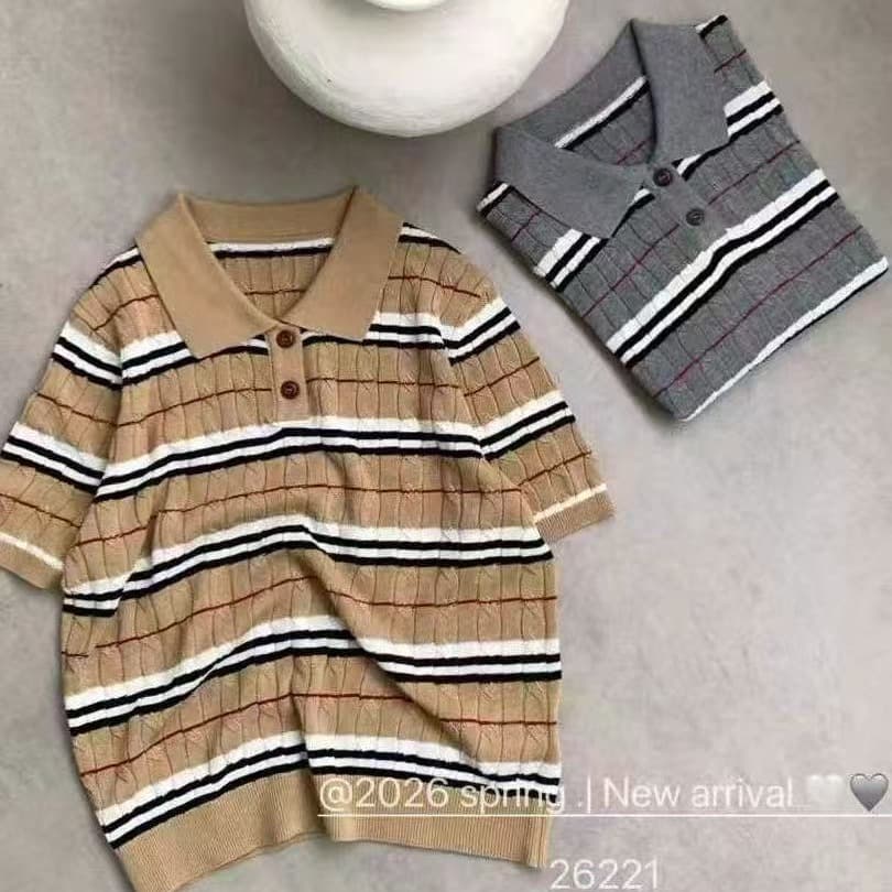 2026 새로운 디자인 센스 레트로 스트라이프 POLO 칼라 반팔 니트 스웨터 여성 다용도 패션 슬림해 보이는 연령 감소 맨위 이미지 5