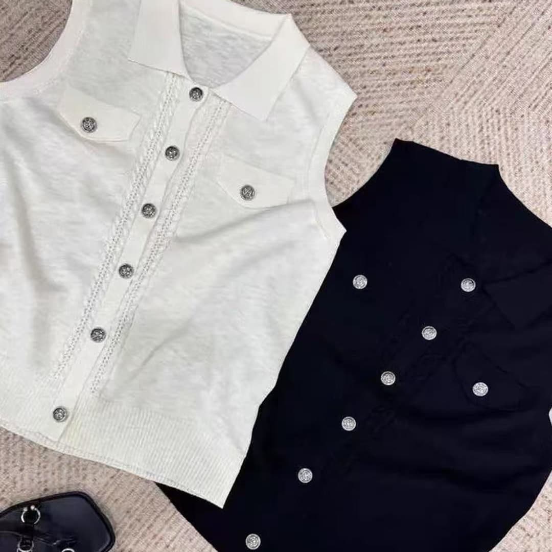 오래된 돈 바람 POLO 칼라 니트 조끼 여자 여름 민소매 단추 품격 고급 센스 빛 요리 한 바람 슬림해 보이는 다용도 맨위 이미지 5