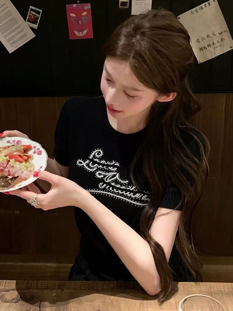 g1 studios 레트로 스타일 전체 훈련 자수 반팔 여성 여름 순수한 욕망 몸매 가꾸기 쇼트 스타일 통기성 니트 맨위