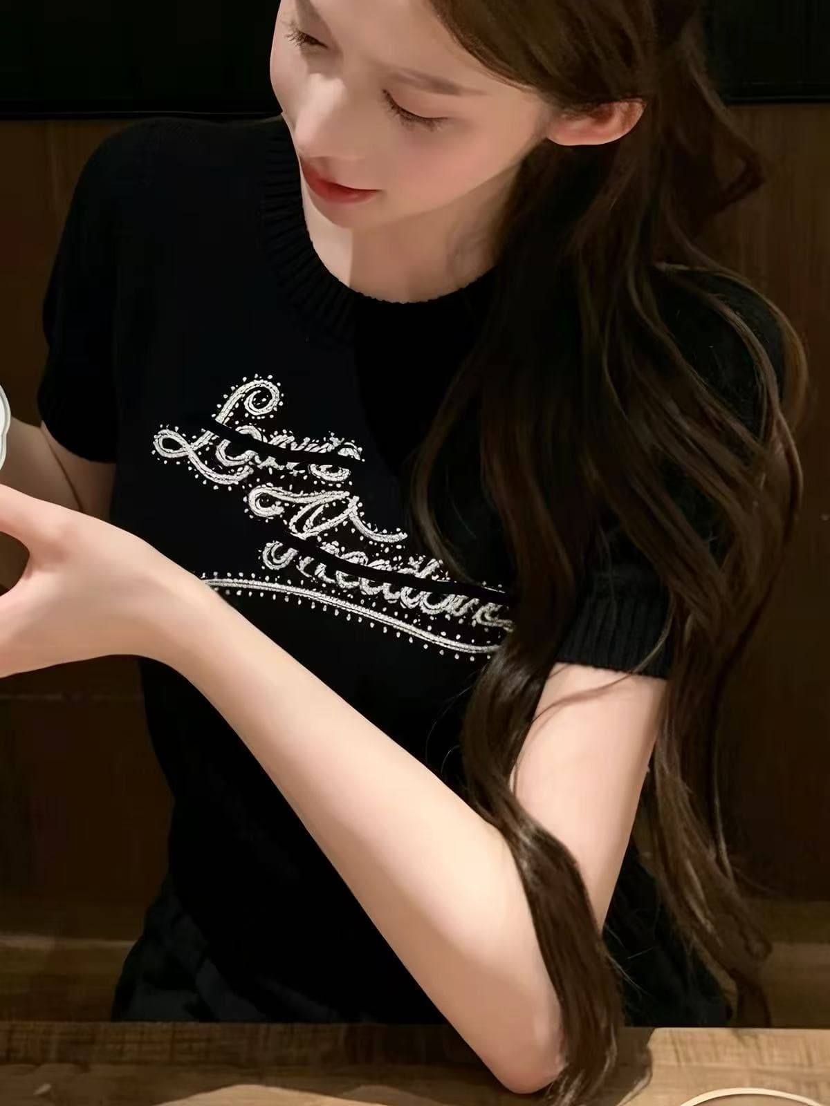 g1 studios 레트로 스타일 전체 훈련 자수 반팔 여성 여름 순수한 욕망 몸매 가꾸기 쇼트 스타일 통기성 니트 맨위 이미지 3