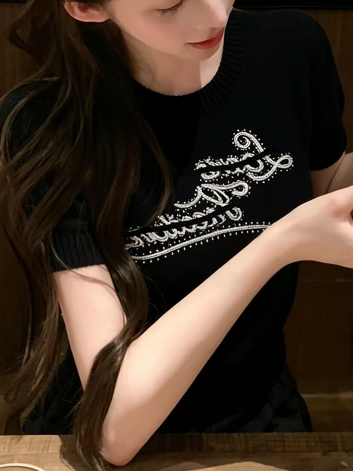g1 studios 레트로 스타일 전체 훈련 자수 반팔 여성 여름 순수한 욕망 몸매 가꾸기 쇼트 스타일 통기성 니트 맨위 이미지 4