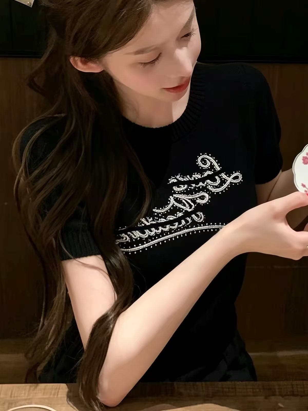 g1 studios 레트로 스타일 전체 훈련 자수 반팔 여성 여름 순수한 욕망 몸매 가꾸기 쇼트 스타일 통기성 니트 맨위 상세 이미지 2