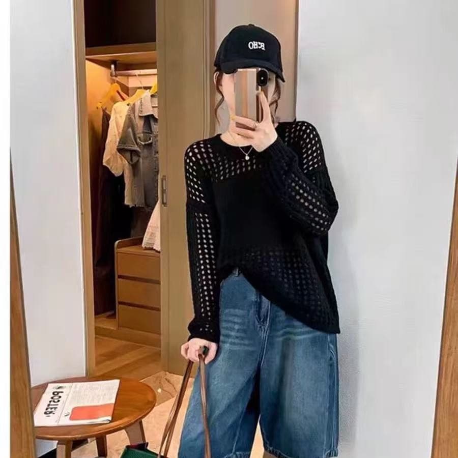 한 부서 느긋한 바람 홀로우 아웃 긴팔 니트 스웨터 여성 봄 여름 새로운 다용도 슬림해 보이는 표지 고기 자외선 차단 외출용 블라우스 이미지 5