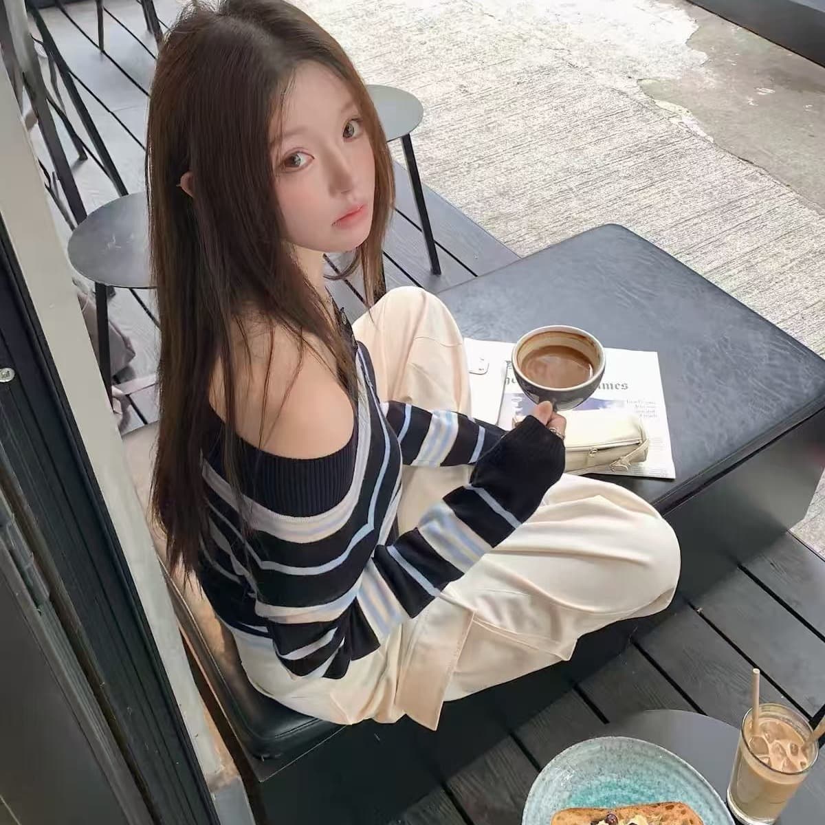 lilylikes 한 조정 여성 주님 60 지점 양모 혼방 아름다운 품격 오프숄더 해군 스트라이프 맨위 이미지 5