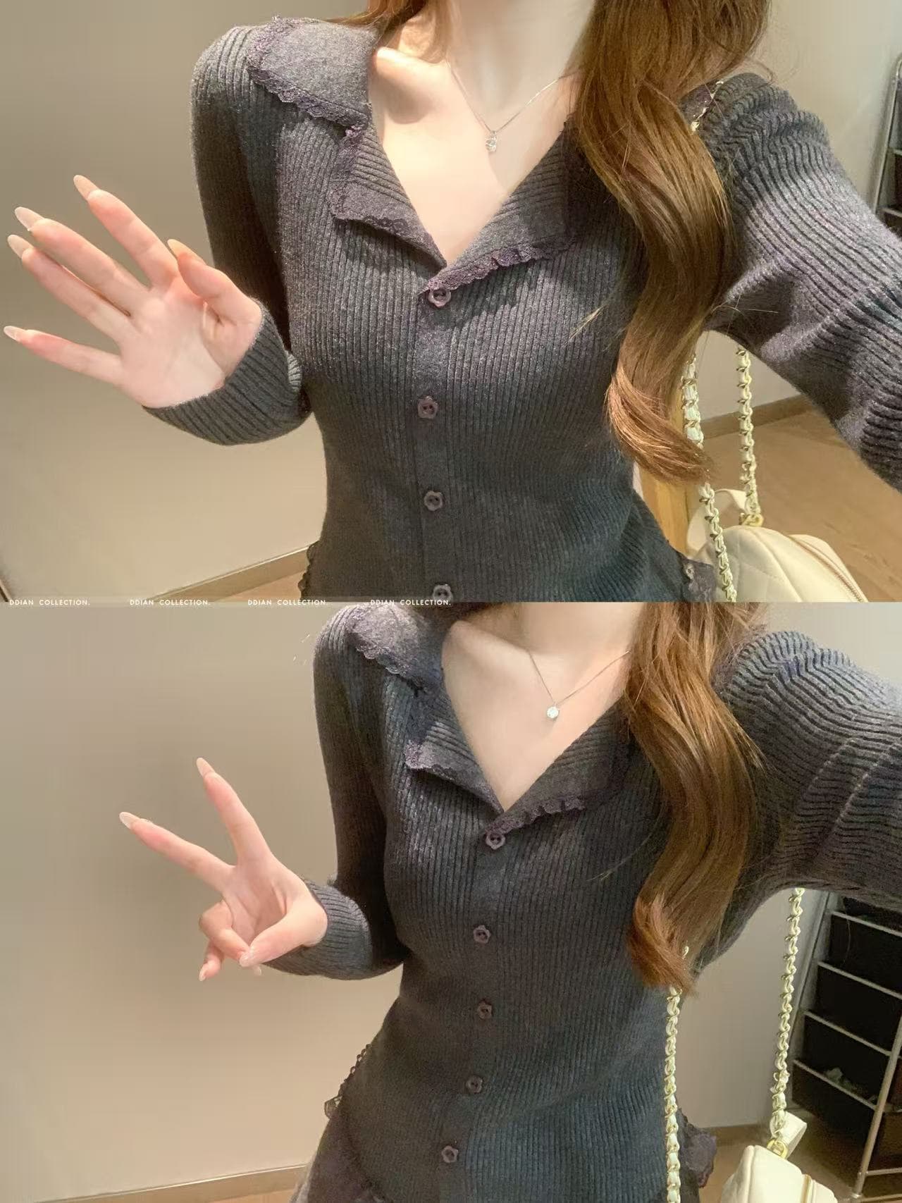 miu 부서 달콤한 스타일 레이스 측면 V넥 긴팔 니트 스웨터 맨위 여성 부드러운 품격 몸매 가꾸기 슬림해 보이는 인사이드 가져 가라. 만나는 상세 이미지 3
