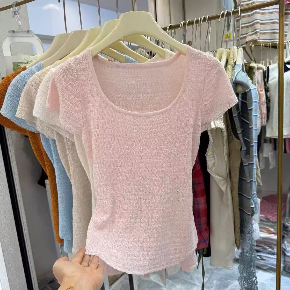 부드러운 자매 순수한 욕망 작은 심장 기계 뒤로 홀로우 아웃 티셔츠 작은 날다 소매 물결무늬 측면 기타 색상 허리 수축 슬림해 보이는 기본 셔츠 맨위 이미지 3