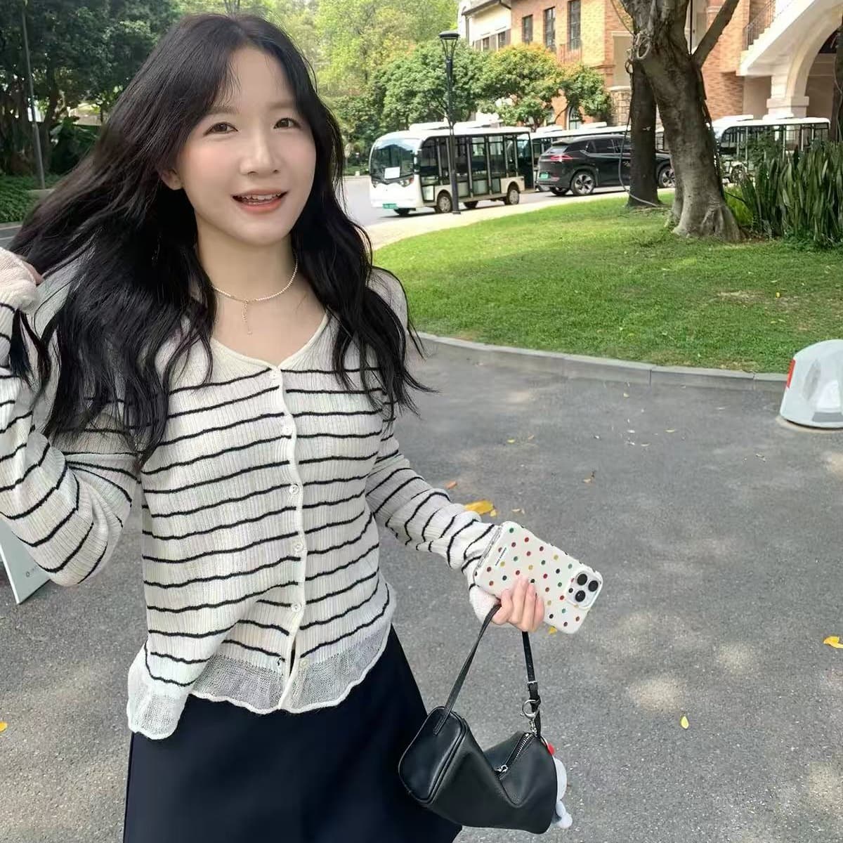 xierz 주 ㅁ 어린이 한 부서 품격 살구 색상 바닥 검정색 스트라이프 긴팔 니트 오픈 가디건 얇은 스타일 슬림해 보이는 맨위 이미지 5