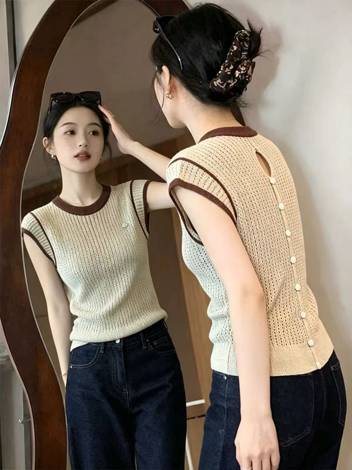 자이언트 잘 생긴 카키 색 니트 조끼 여성 여름 외출용 인사이드 가져 가라. 패션 레트로 다용도 몸매 가꾸기 홀로우 아웃 민소매 맨위
