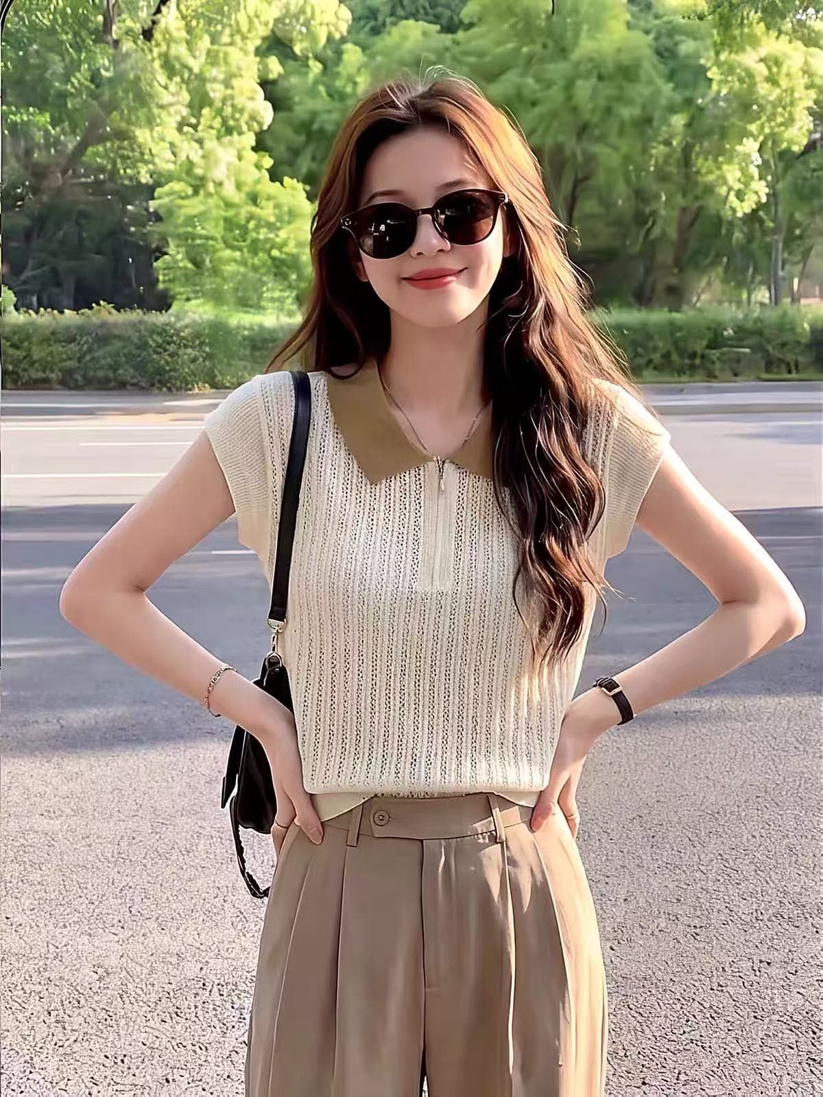 한 부서 배색 폴로 칼라 니트 스웨터 여성 여름 얇은 스타일 통기성 홀로우 아웃 디자인 센스 지퍼 칼라 반팔 티셔츠 맨위 이미지 2