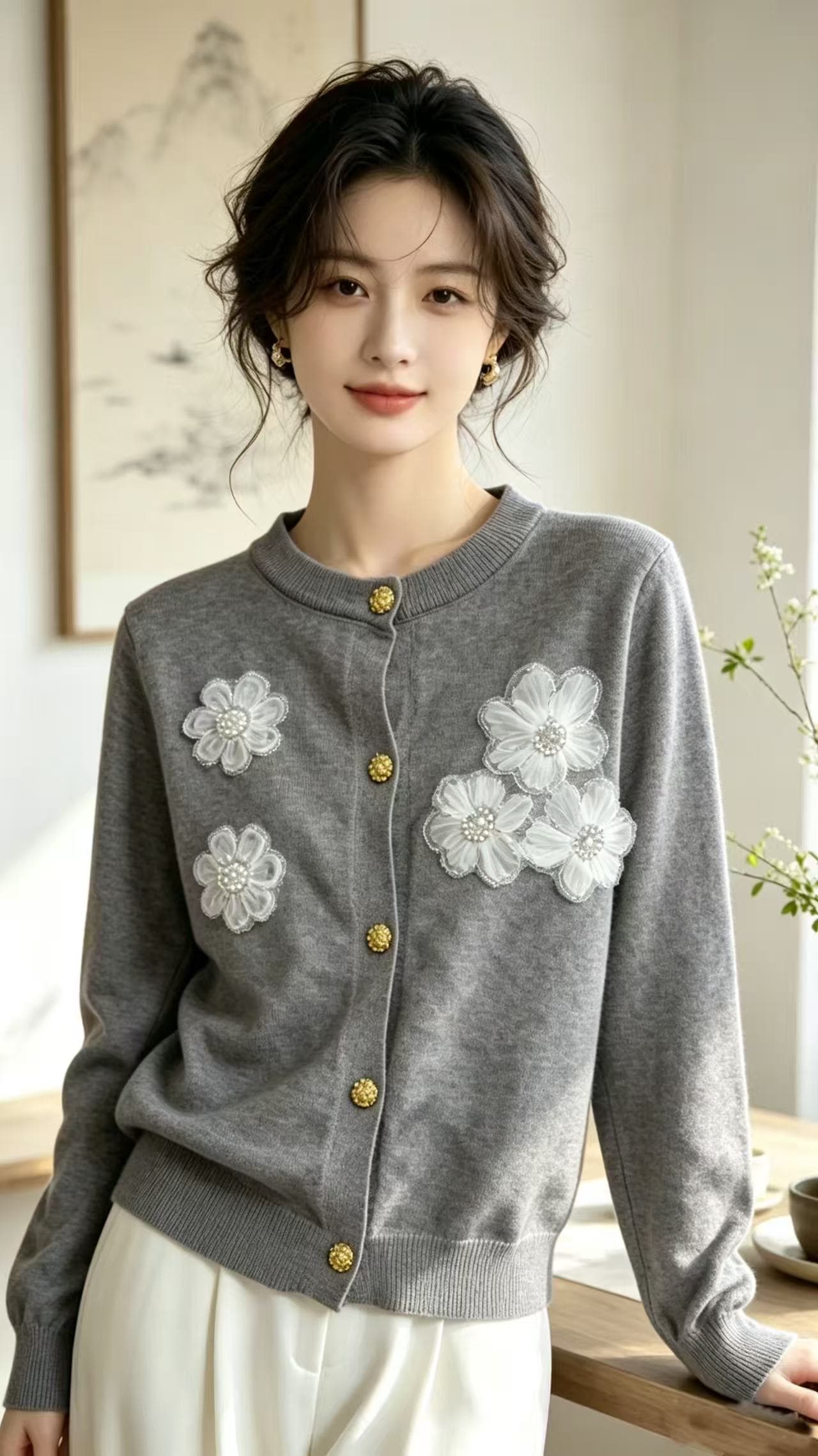 dh official 대 꽃 데이지 꽃 daisy 양모 라운드 넥 스웨터 무거운 작업 데이지 재킷 이미지 4