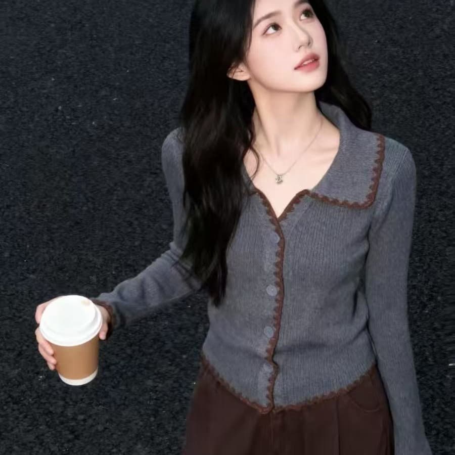 아름다운 한 부서 회색 폴로 칼라 Chic 만나는 니트 오픈 가디건 여성 몸매 가꾸기 디자인 센스 chic 배색 스웨터 맨위 이미지 5