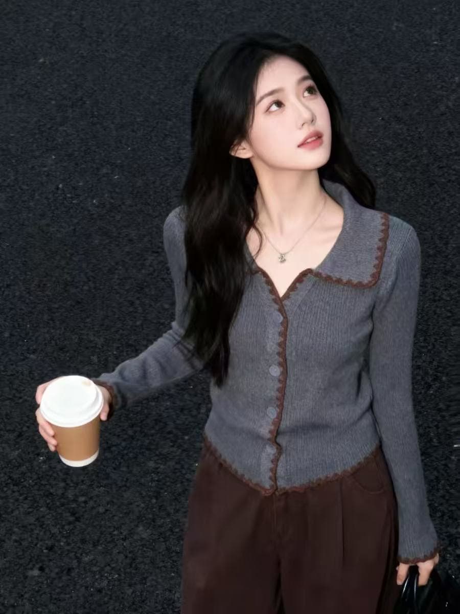 아름다운 한 부서 회색 폴로 칼라 Chic 만나는 니트 오픈 가디건 여성 몸매 가꾸기 디자인 센스 chic 배색 스웨터 맨위 상세 이미지 1