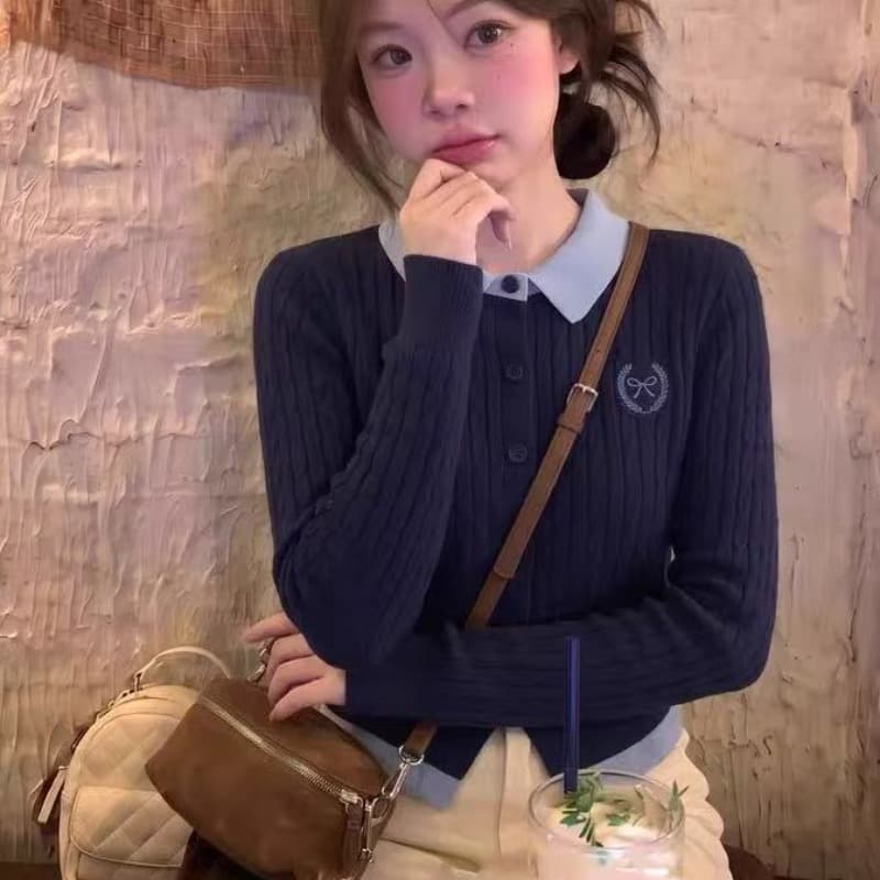 한 부서 학원 스타일 페이크 레이어드 배색 POLO 칼라 긴팔 니트 오픈 가디건 여성 이른 가을 새로운 품격 캐주얼 맨위 이미지 5