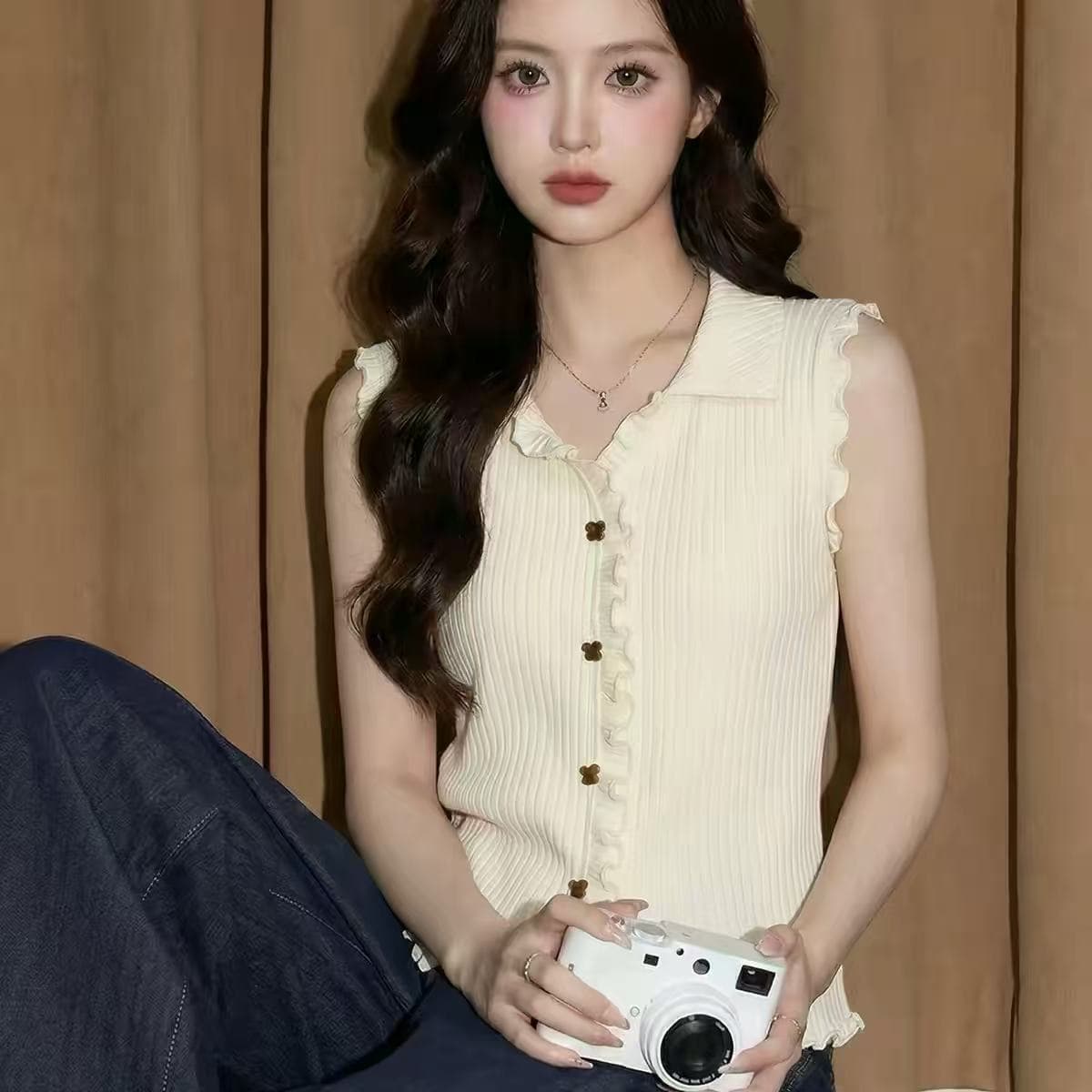 화이트 POLO 칼라 캐미솔 여름 고유 한 아름다운 자이언트 잘 생긴 고급 센스 외출용 해변가 민소매 작은 맨위 상세 이미지 1