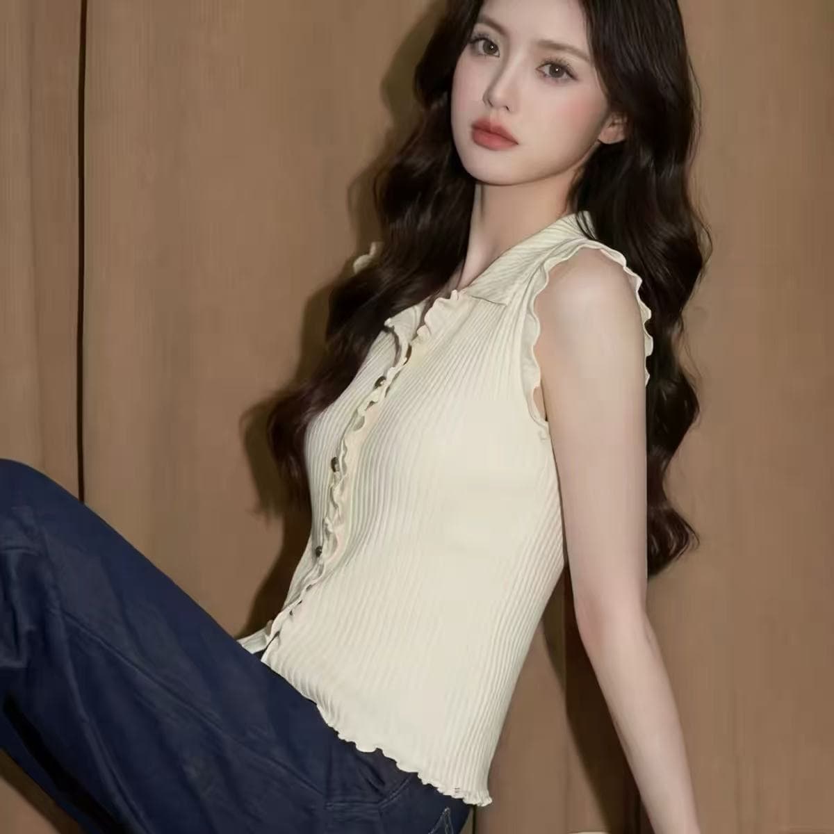화이트 POLO 칼라 캐미솔 여름 고유 한 아름다운 자이언트 잘 생긴 고급 센스 외출용 해변가 민소매 작은 맨위 상세 이미지 2