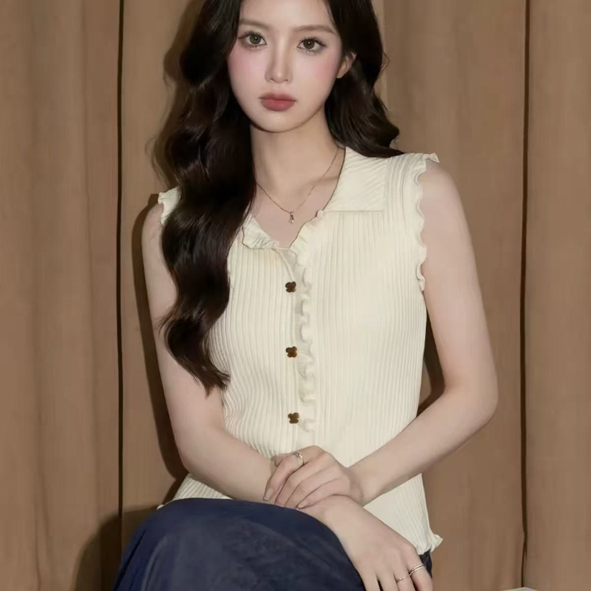 화이트 POLO 칼라 캐미솔 여름 고유 한 아름다운 자이언트 잘 생긴 고급 센스 외출용 해변가 민소매 작은 맨위 상세 이미지 4