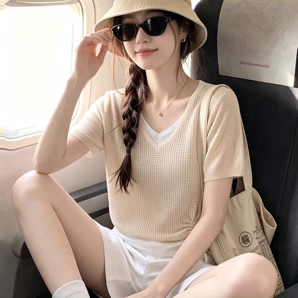 한 부서 살구 색상 페이크 레이어드 V넥 긍정적 인 어깨 반팔 티셔츠 여성 여름 아름다운 자이언트 잘 생긴 얼음 실크 니트 쇼트 스타일 맨위 이미지 5