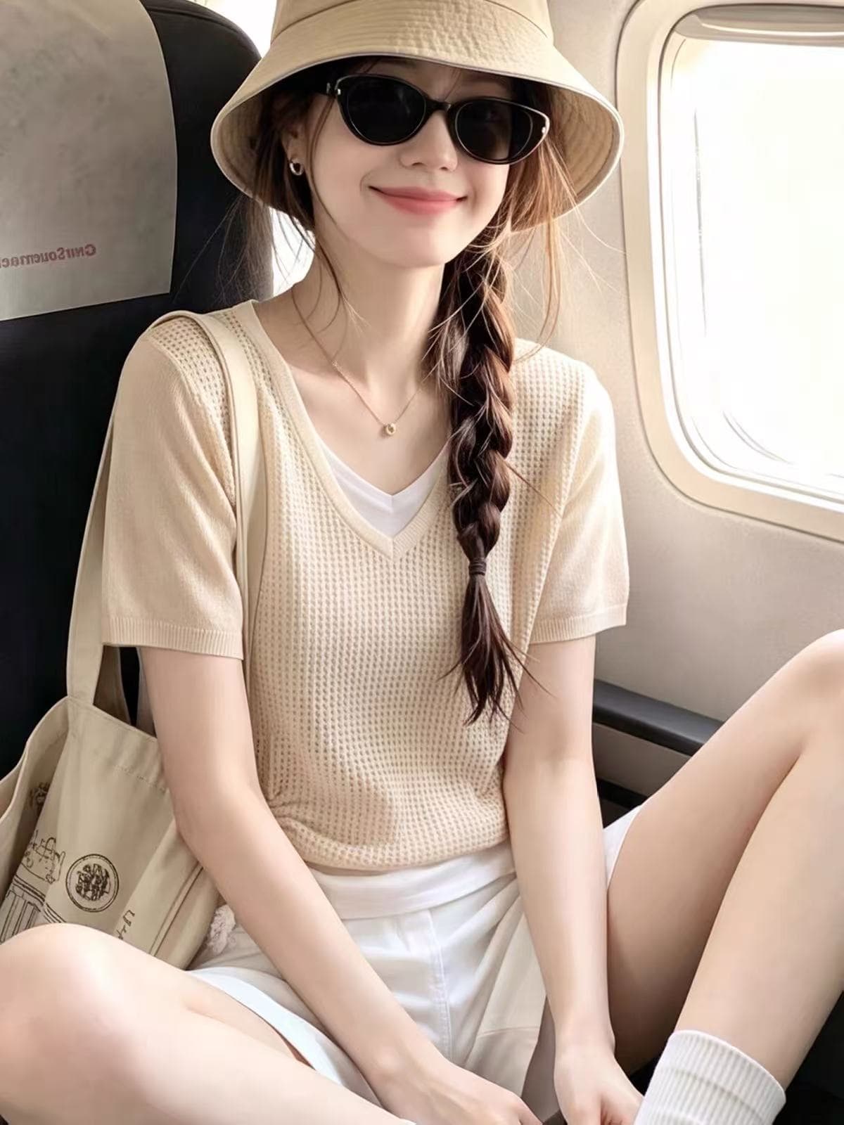 한 부서 살구 색상 페이크 레이어드 V넥 긍정적 인 어깨 반팔 티셔츠 여성 여름 아름다운 자이언트 잘 생긴 얼음 실크 니트 쇼트 스타일 맨위 상세 이미지 3